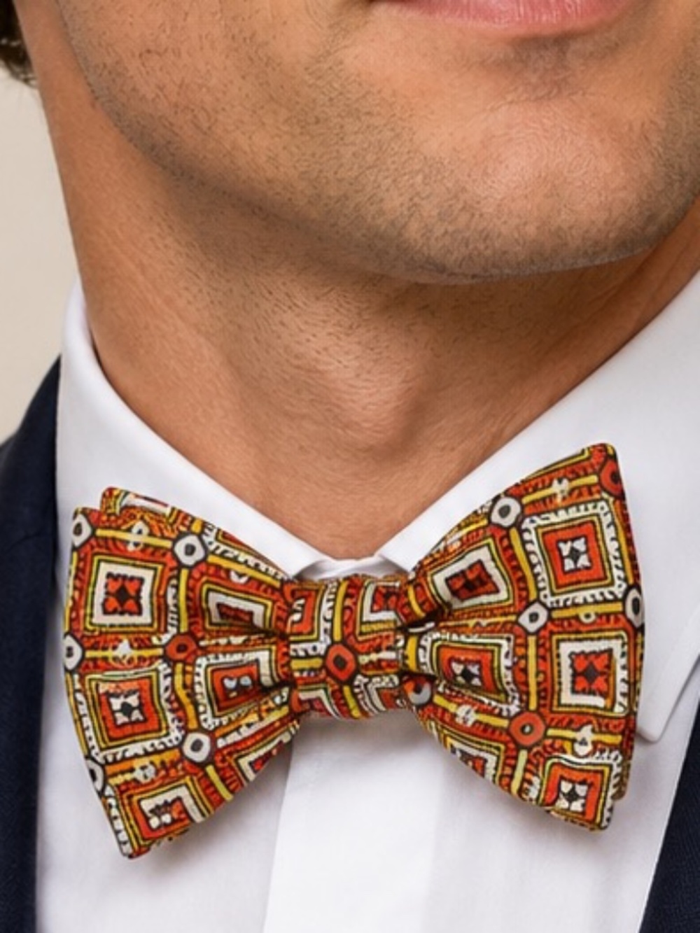 Vintage Silk Geometric Self-Tie Bow Tie Red Gold 3.5"